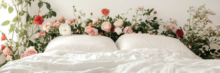 Bed adorned with roses and white linens creating a romantic floral arrangement against a white wall backdrop for a cozy and elegant bedroom sceneの素材