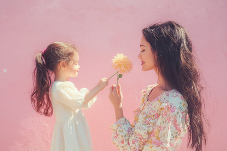 Mother and daughter sharing a flower, a tender moment of love and affection, set against a vibrant pink wall, capturing the essence of family bonding and youthful innocenceの素材