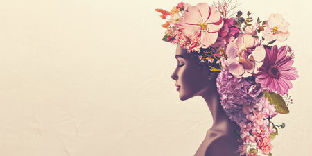 Woman with flowers in her hair, a floral headdress, beauty and fashion concept isolated on white background. Elegant profile portrait with a textured backgroundの素材