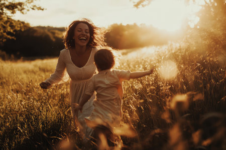 Mother and child running through a golden field at sunset, sharing a moment of joy and laughter in the warm sunlight, creating a memory of love and happinessの素材
