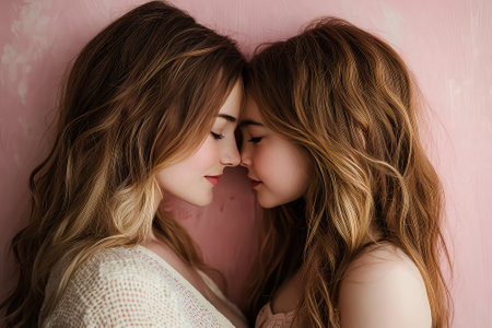 A loving mother and daughter share a tender moment, their faces close together against a soft pink background, showing a beautiful bond and familial affection.の素材