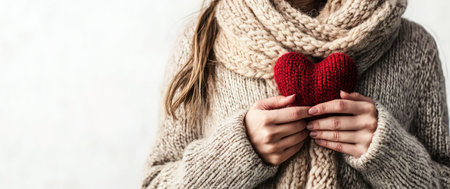 Woman in beige sweater and scarf holding a red heart isolated on white background. Giving a gift of love and affection on Valentine's Day during the cold winter season.の素材