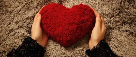 Hands gently holding a fluffy red heart, a symbol of love and affection, resting on a soft, textured gray background, conveying warmth and tendernessの素材