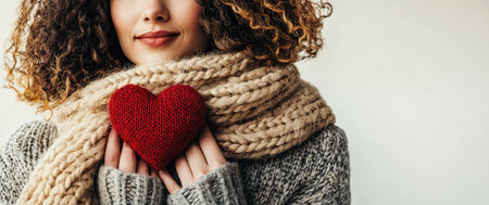 Woman in scarf and sweater holding a red heart isolated on white background to show love and affection during the winter season and valentine's day, a romantic giftの素材