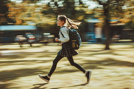 A girl with a backpack running to school. Motion blur is used to convey the sense of speed.の素材
