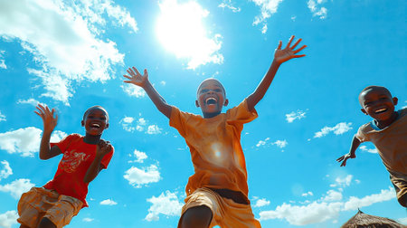 Three cheerful african children jumping with joy against a bright blue sky with clouds. A happy and carefree moment.の素材