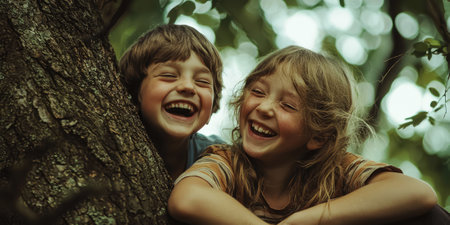 Two happy children laughing together near a tree, enjoying the outdoors.の素材