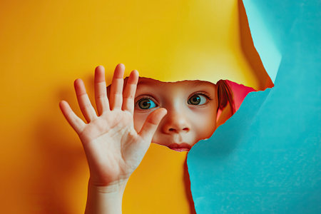 A child peeks through torn yellow and blue paper. The child's face and hand are visible.の素材