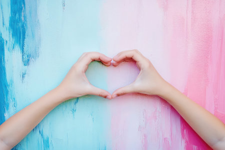 Hands forming a heart shape against a colorful painted background. Symbol of love and affection.の素材