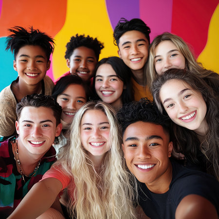 A group of diverse teenagers smiling and posing for a selfie against a colorful background.の素材