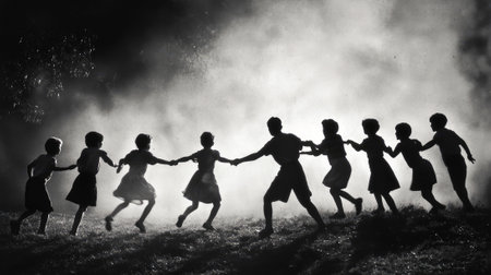 Children holding hands and running in a field, silhouetted against a bright sky. Black and white image.の素材