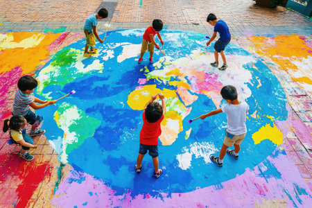 Children painting a world map on the ground with vibrant colors. A collaborative and creative activity.の素材