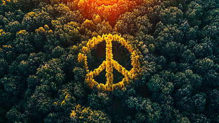 AI Generated - Aerial view of a peace sign in the middle of a forest, surrounded by trees. Commercial illustration artwork for business applications. High resolution. Premium quality. Professional.の素材