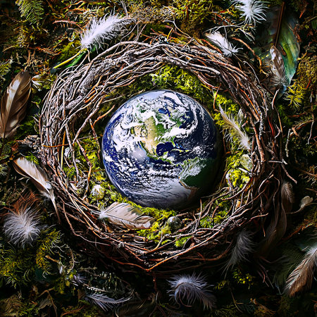 AI Generated - Bird's nest with the earth in it, surrounded by grass and feathers. Commercial illustration artwork for business applications. High resolution. Premium quality. Professional grade.の素材