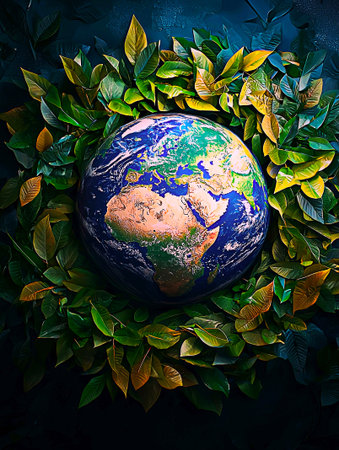 AI Generated - Globe surrounded by lush green leaves on a dark background. Commercial illustration artwork for business applications. High resolution. Premium quality. Professional grade. Detailed.の素材