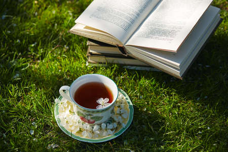 A cup of tea on a pile of books covered with cherry flowers on a grassの写真素材