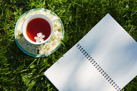 A cup of tea and an empty notebook on green grass. Blank space where you can put your text.の写真素材