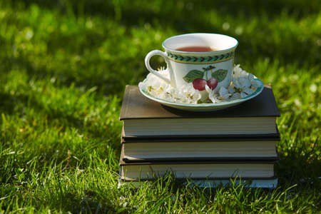A cup of tea on a pile of books covered with cherry flowers on a grassの写真素材