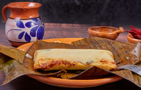 Typical Mexican food, Veracruz or jarochos tamales, prepared with banana leaves, corn flour and red adobo. Prehispanic food, that is, food prepared since before the arrival of the Spanish to Americaの写真素材