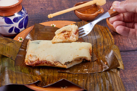 Typical Mexican food, Veracruz or jarochos tamales, prepared with banana leaves, corn flour and red adobo. Prehispanic food, that is, food prepared since before the arrival of the Spanish to Americaの写真素材