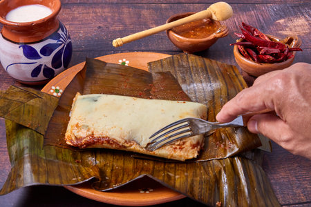 Typical Mexican food, Veracruz or jarochos tamales, prepared with banana leaves, corn flour and red adobo. Prehispanic food, that is, food prepared since before the arrival of the Spanish to Americaの写真素材