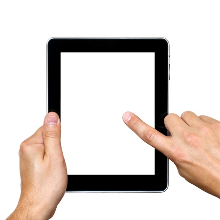 digital tablet in hands over white background の写真素材