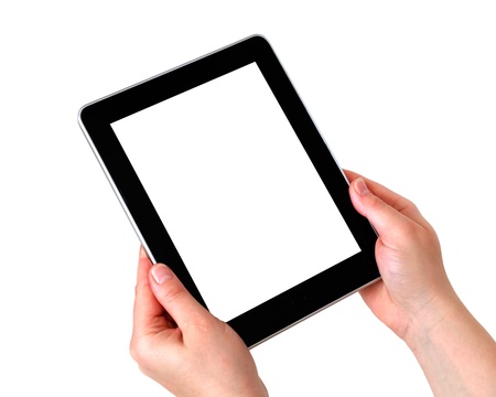 digital tablet in hands over white backgroundの写真素材