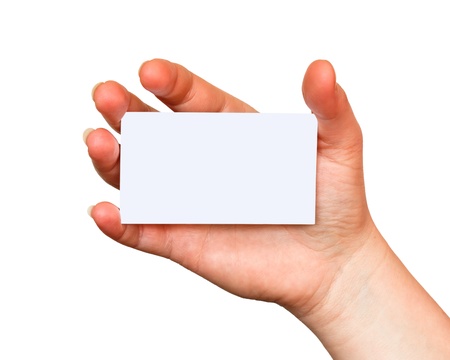 business card in hand on white backgroundの写真素材