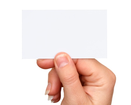 business card in hand on white backgroundの写真素材