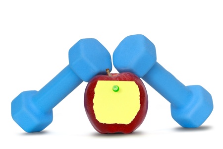 dumbbell weights with apple and note paper の写真素材