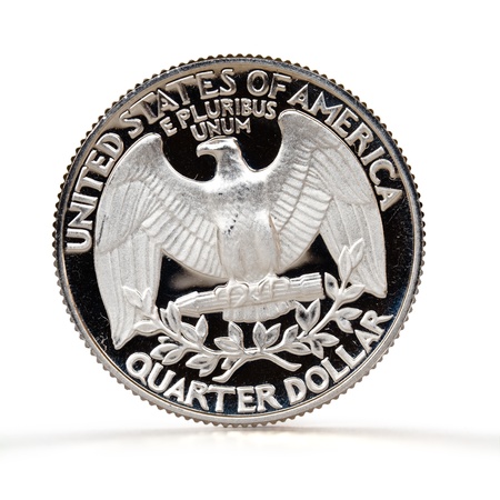quarter dollar coin over white backgroundの写真素材