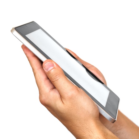 digital tablet in hands over white background の写真素材
