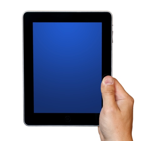 digital tablet in hand over white background の写真素材