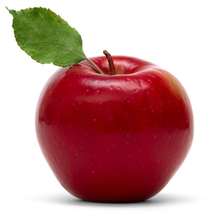 red apple with leaf over white background の写真素材