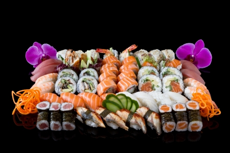 sushi set over black backgroundの写真素材
