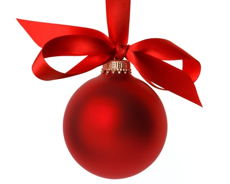 red Christmas ball with ribbon and bowの写真素材