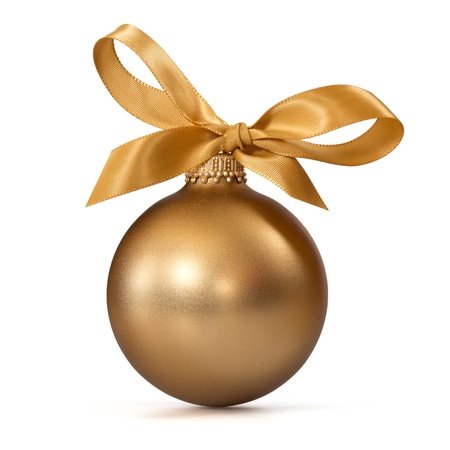 Gold Christmas ball with ribbonの写真素材
