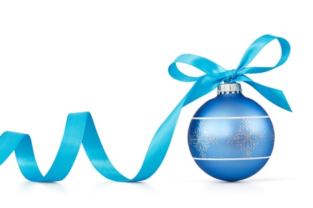 blue Christmas ball with ribbonの写真素材