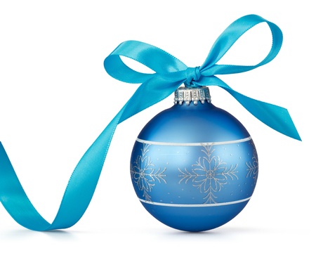 blue Christmas ball with ribbonの写真素材