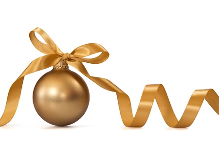 Gold Christmas ball with ribbonの写真素材