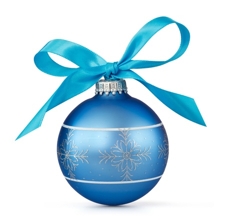 blue Christmas ball with ribbonの写真素材
