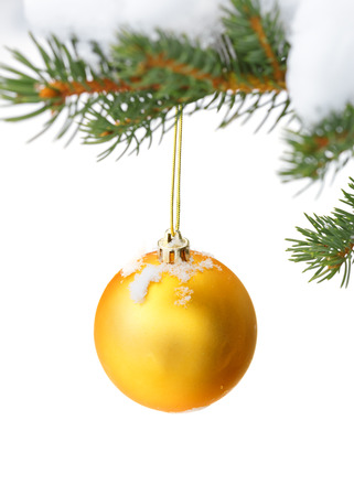 christmas tree branch with snow and ornamentの写真素材