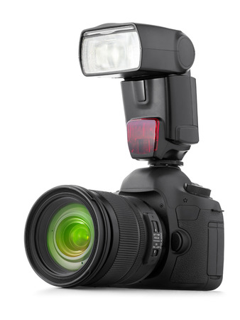 Professional digital camera with flash isolatedの写真素材