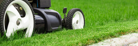 Lawn mower on green lawnの写真素材