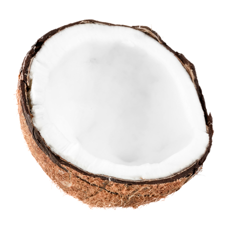 Cracked coconut isolated on white backgroundの写真素材