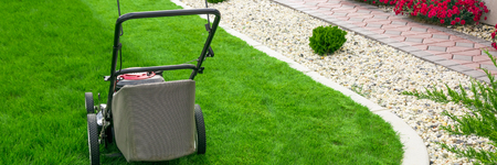 Lawn mower on green grassの写真素材