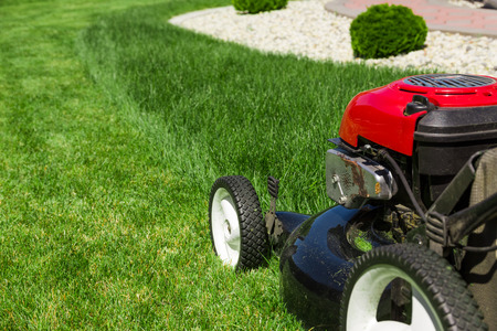 Lawn mower on green grassの写真素材