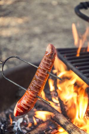 Preparing sausage on camp fireの写真素材