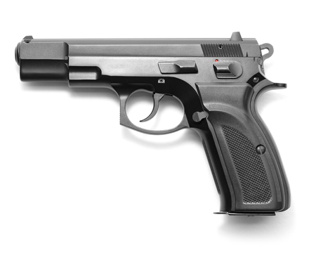 Handgun isolated on white background photographed from aboveの写真素材