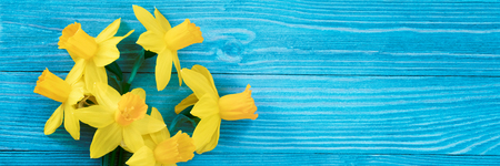 Daffodils bouquet on blue wooden tableの写真素材